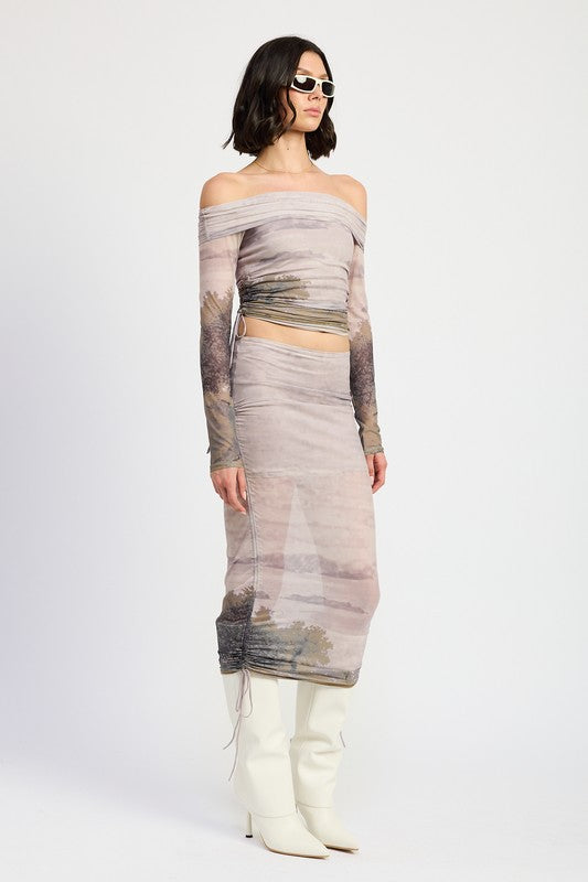 Ruched Midi Skirt With Drawstrings