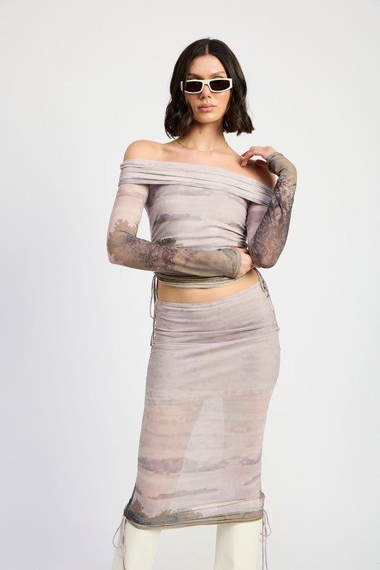 Brown Print Ruched Midi Skirt With Drawstrings