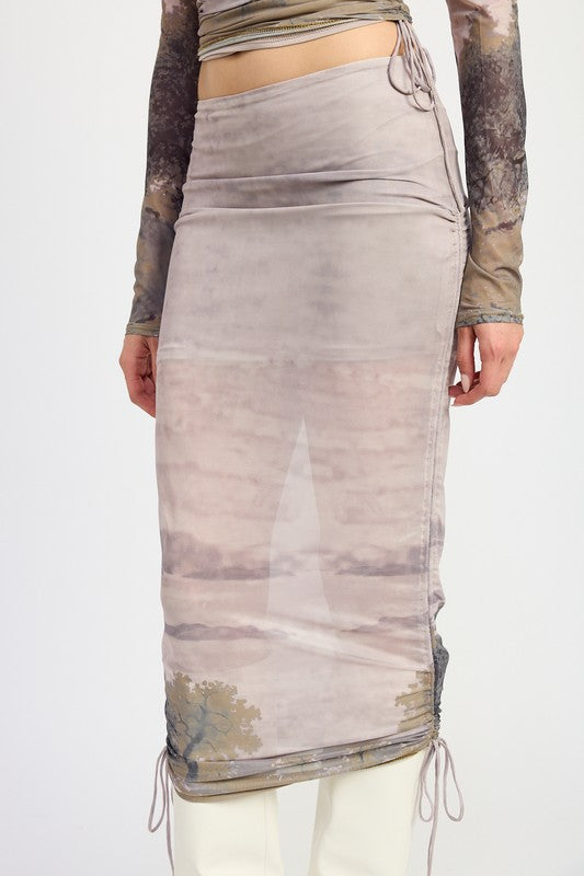 Brown Print Ruched Midi Skirt With Drawstrings