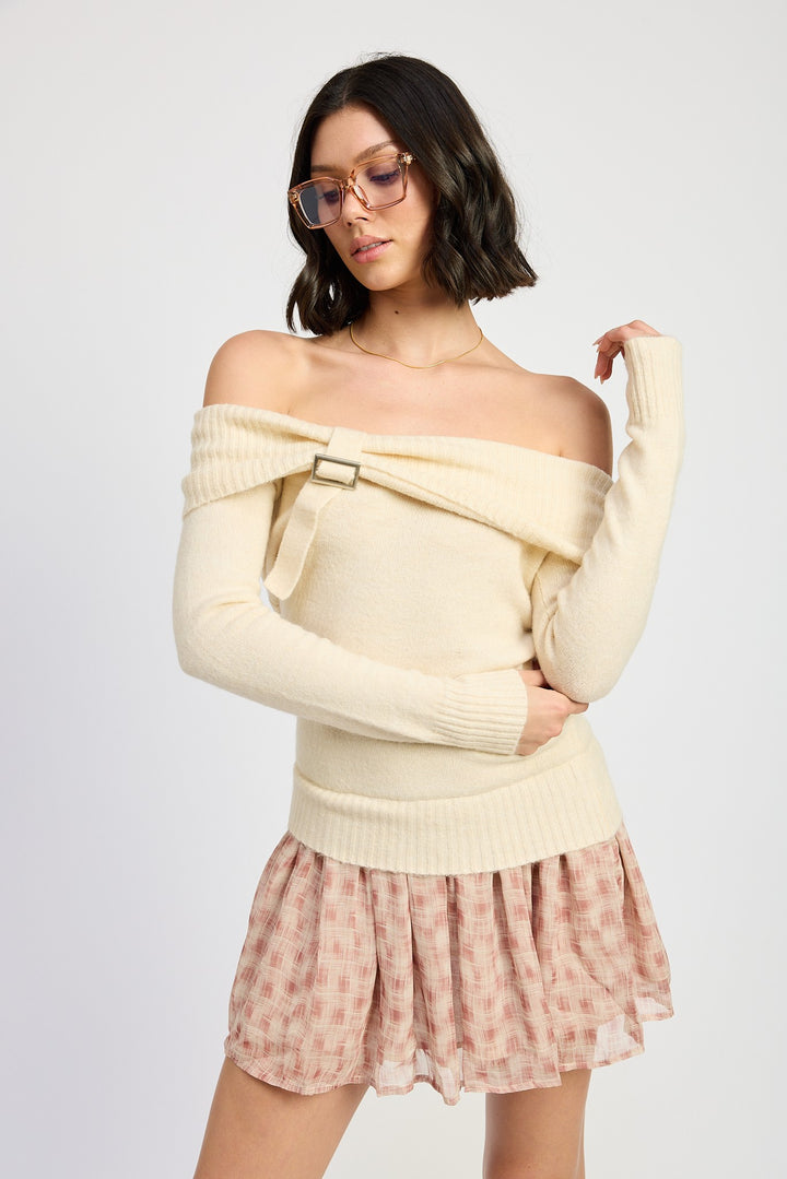 Ivory Mixed Media Off Shoulder Mini Dress