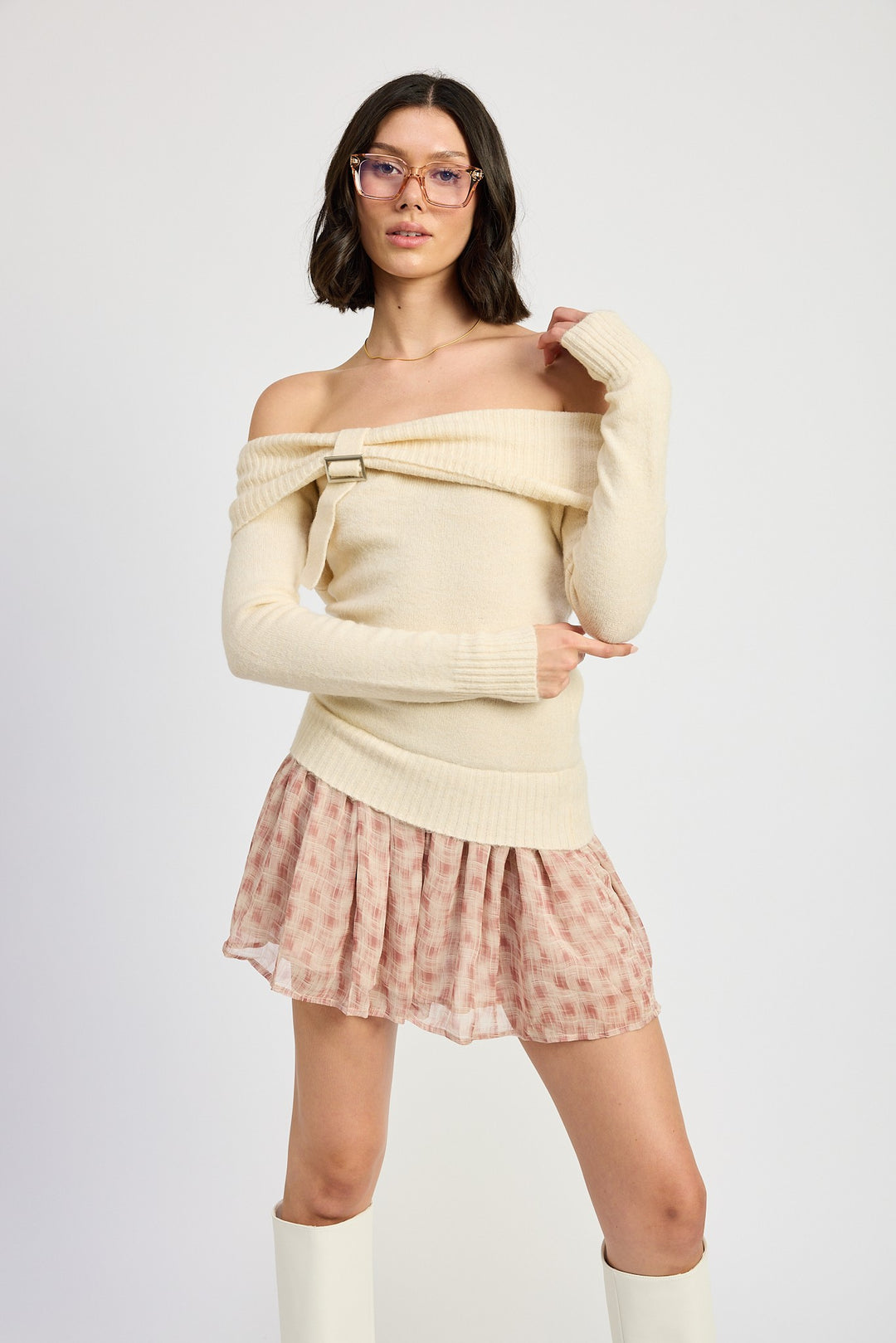Ivory Mixed Media Off Shoulder Mini Dress