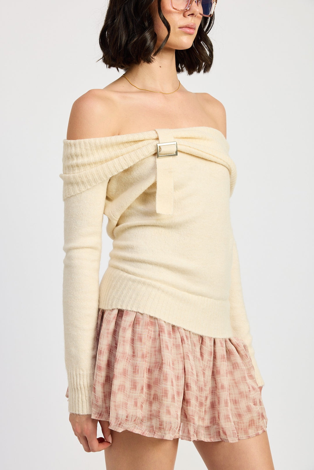 Ivory Mixed Media Off Shoulder Mini Dress