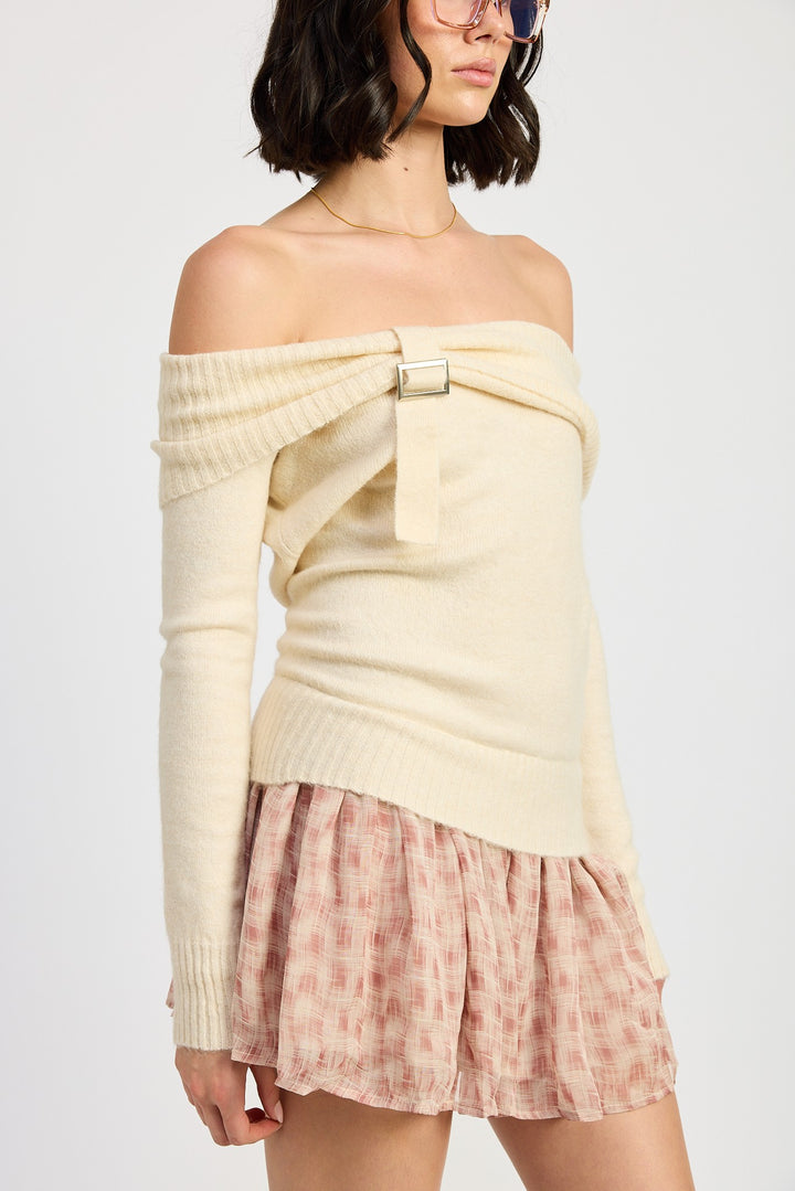 Ivory Mixed Media Off Shoulder Mini Dress