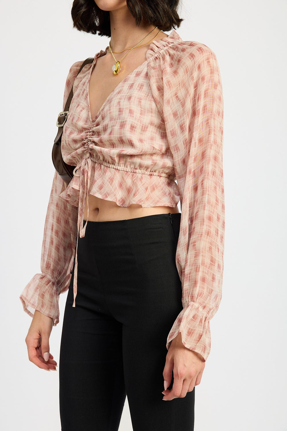 Dusty Rose Flannel Ruched Blouse With Ruffle Detail
