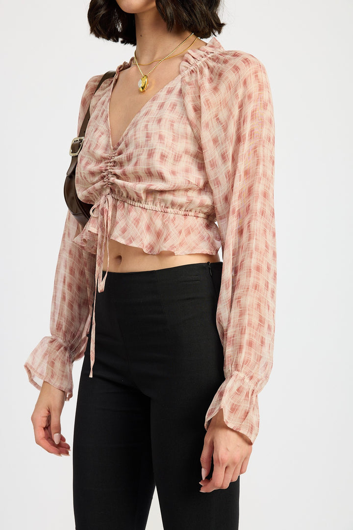 Dusty Rose Flannel Ruched Blouse With Ruffle Detail