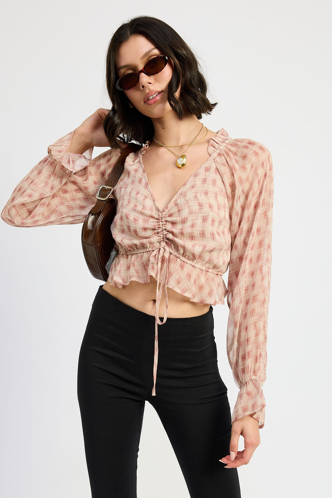 Dusty Rose Flannel Ruched Blouse With Ruffle Detail