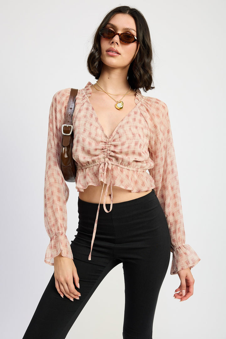 Dusty Rose Flannel Ruched Blouse With Ruffle Detail