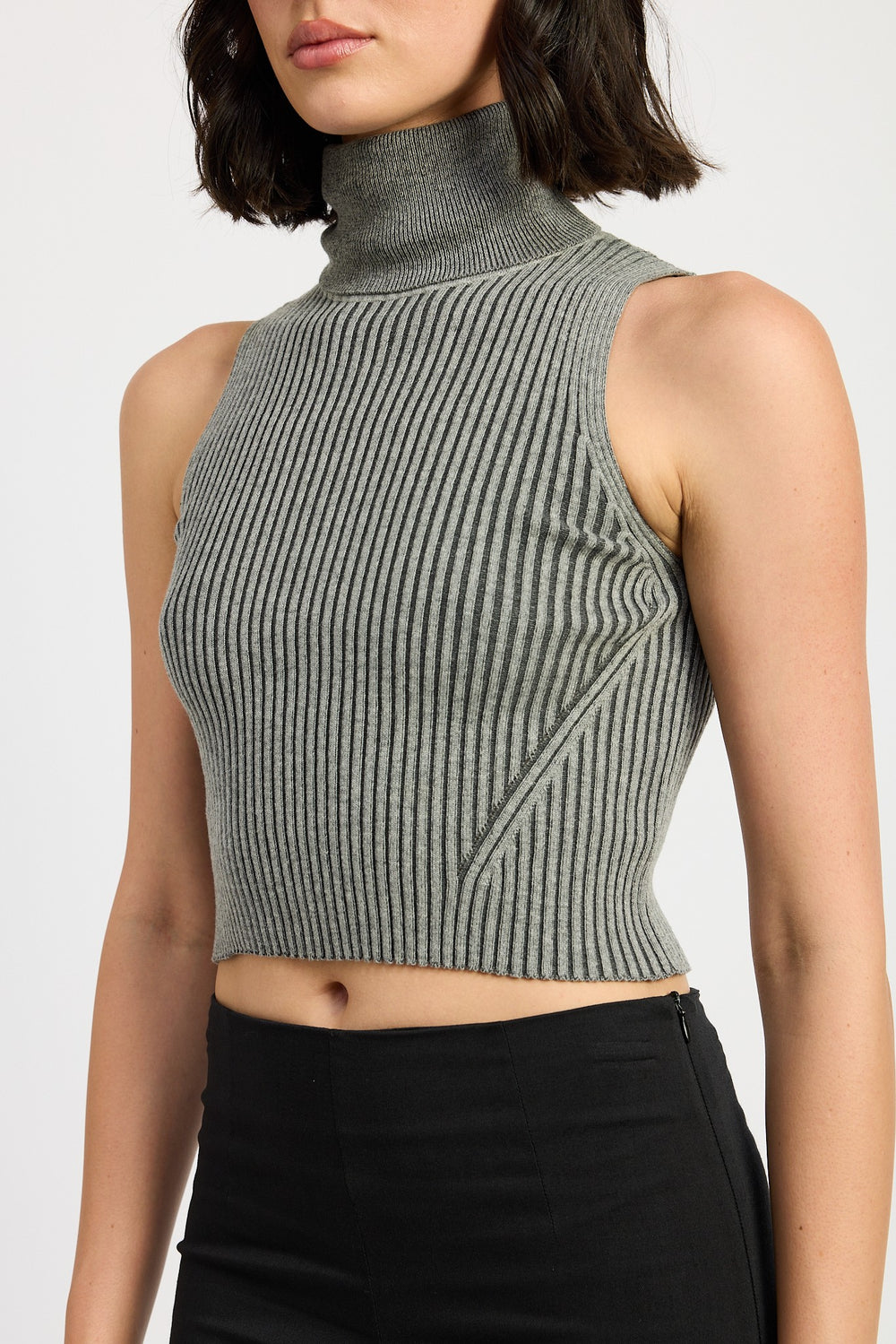 CHARCOAL COMBO Turtle Neck Ribbed Sleeveless Top