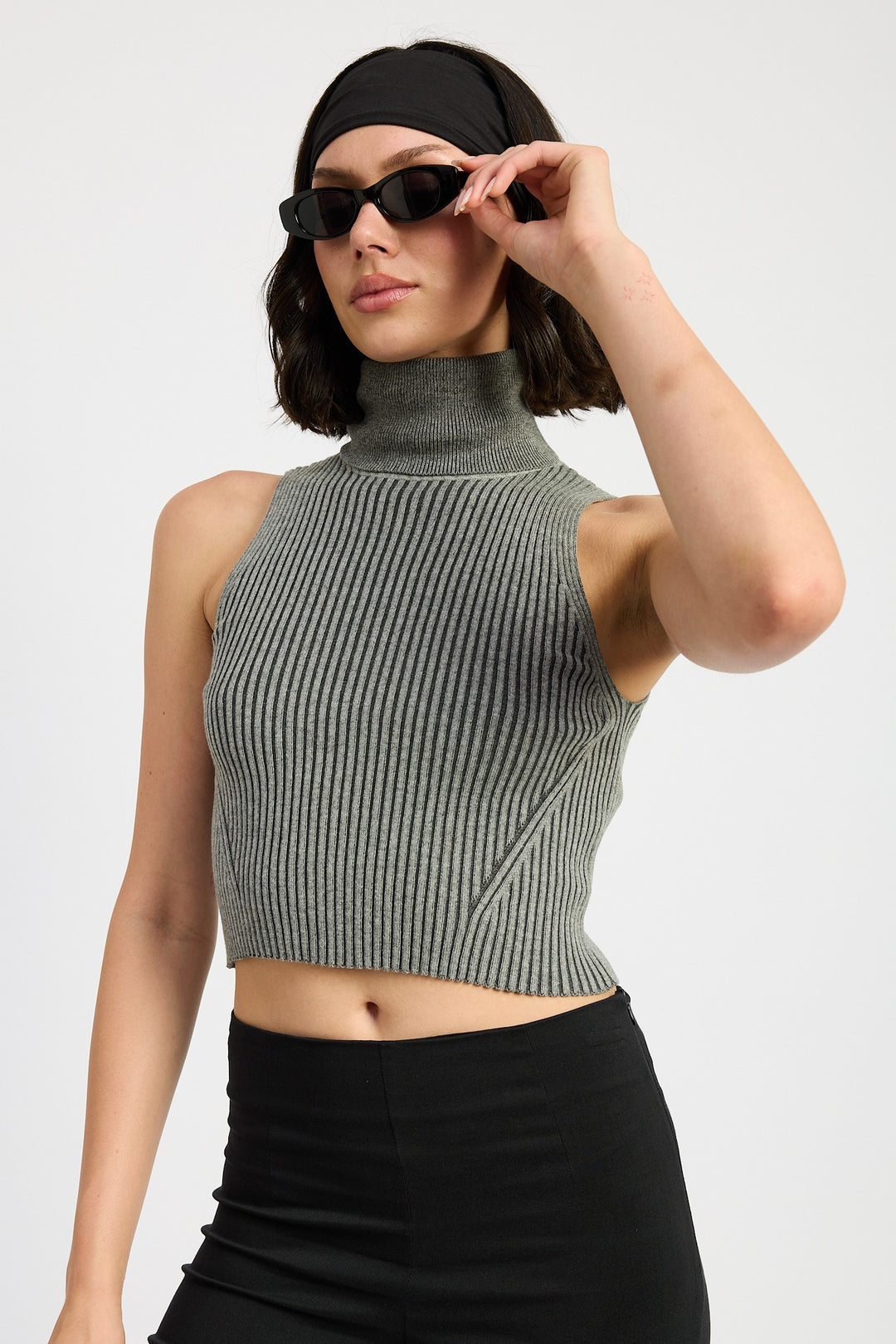 CHARCOAL COMBO Turtle Neck Ribbed Sleeveless Top