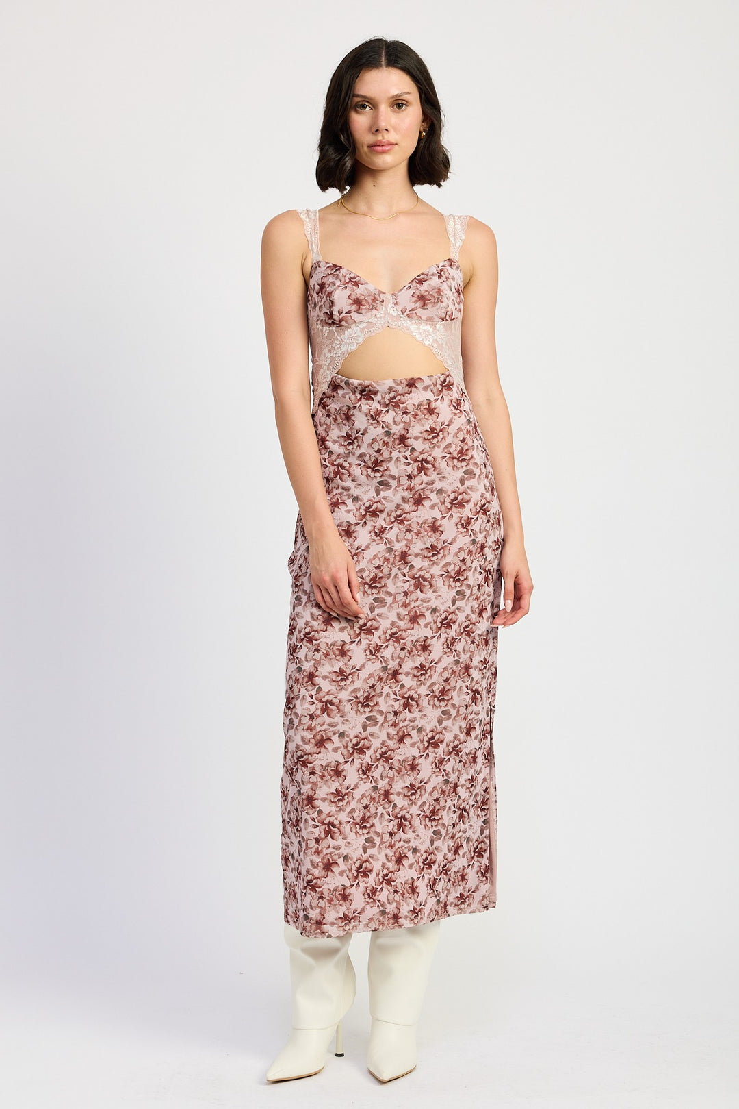 Lace Contrasted Midi Dress With Side Slit