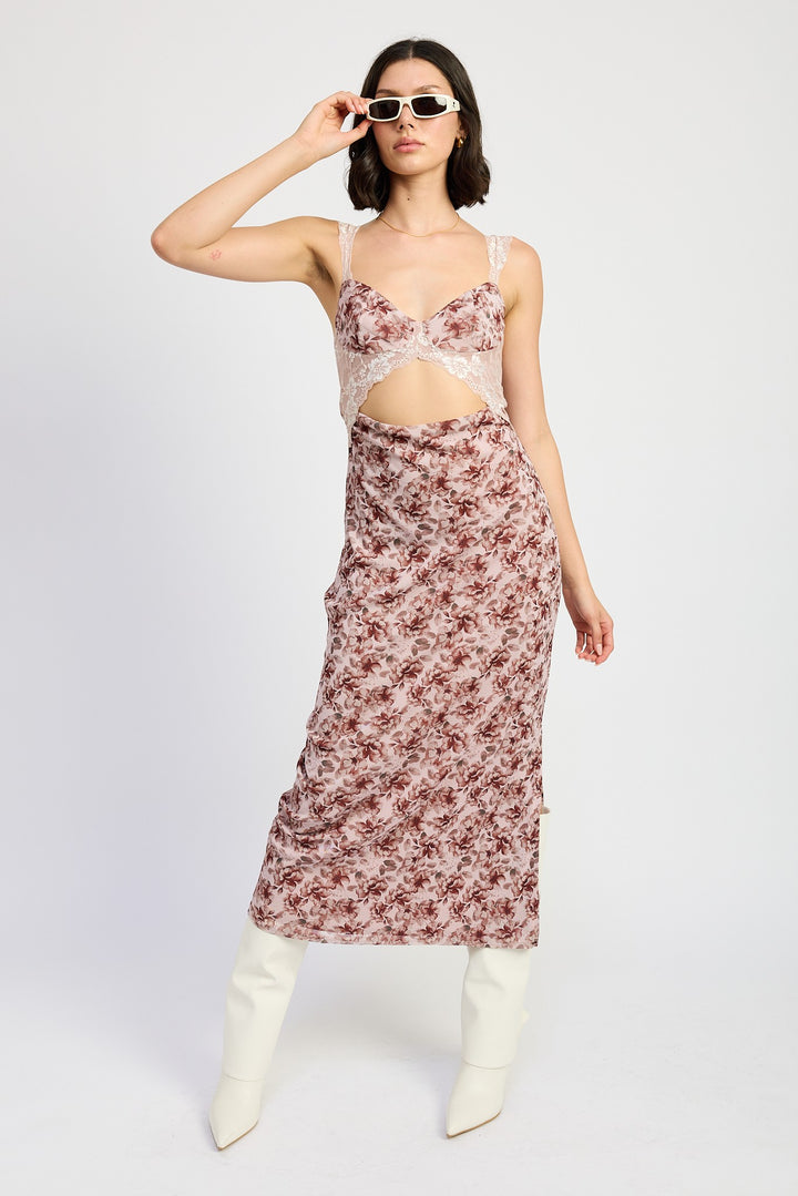 Lace Contrasted Midi Dress With Side Slit