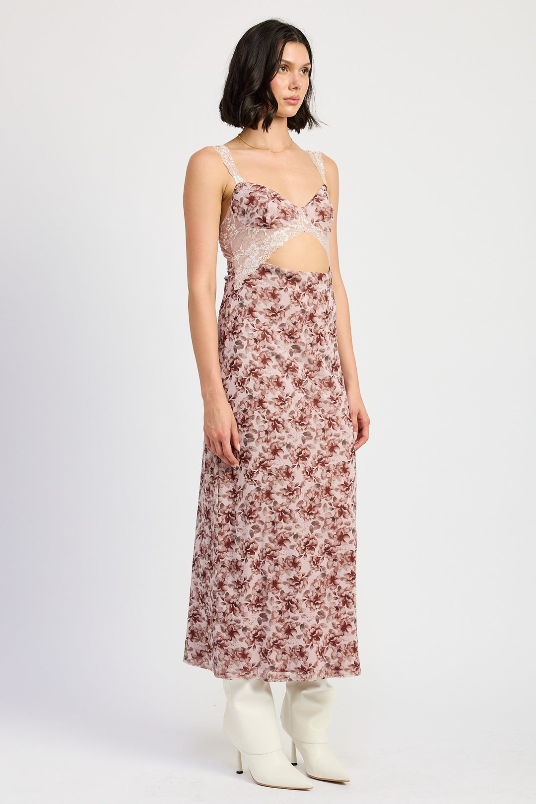 Lace Contrasted Midi Dress With Side Slit