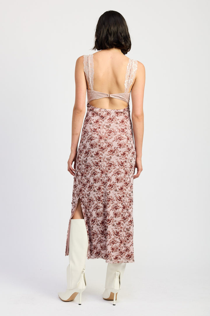 Lace Contrasted Midi Dress With Side Slit