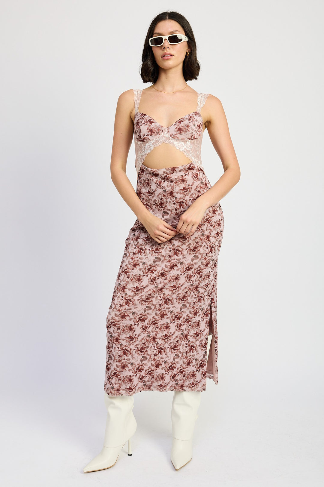 Red Brown Floral Lace Contrasted Midi Dress With Side Slit