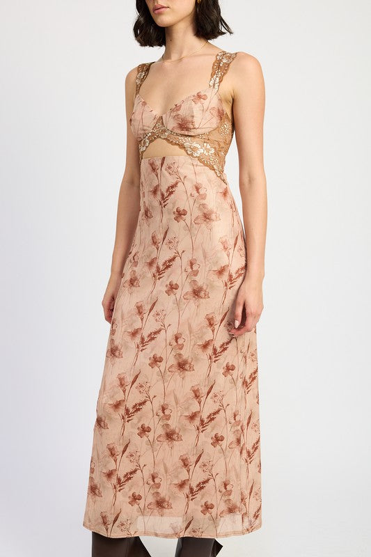 BROWN Lace Contrast Maxi Dress