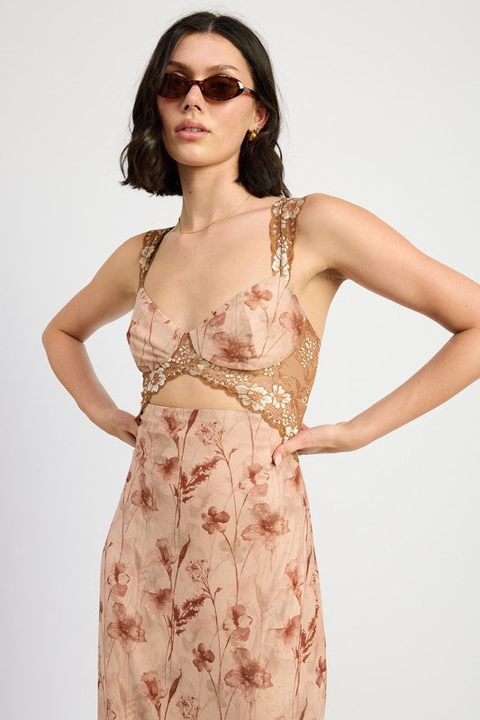 BROWN Lace Contrast Maxi Dress