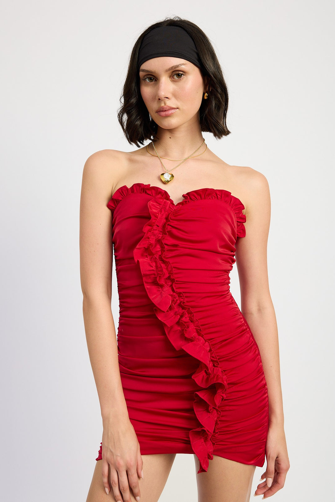 Red Ruched Ruffle Mini Dress