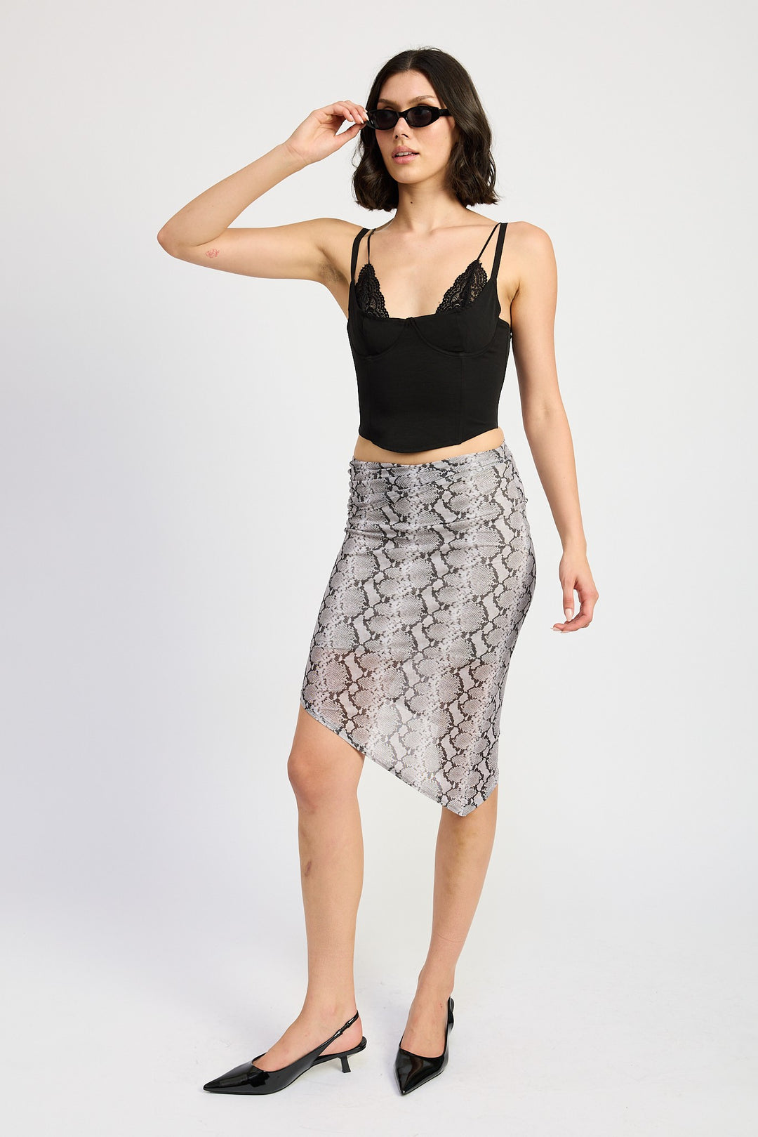 Grey Snake Print Printed Asymmetrical Mesh Midi Skirt