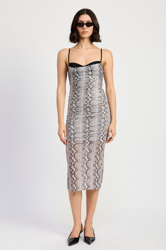 Grey Snake Print Ruched Bodycon Midi Dress