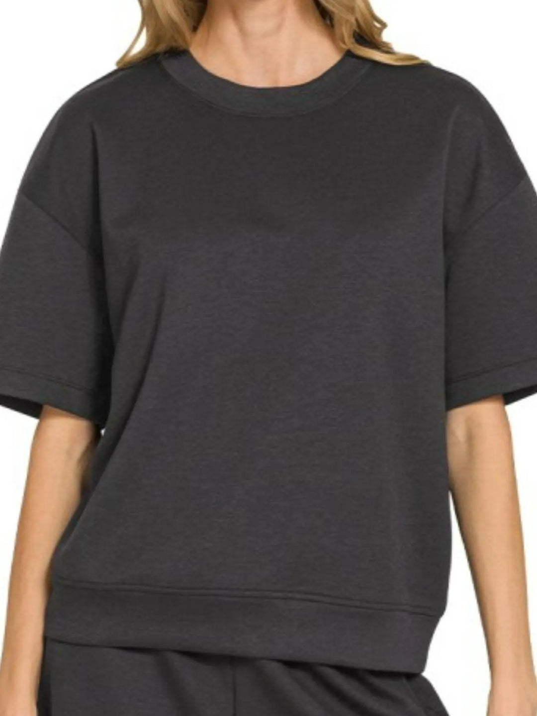 Black Zenana Scuba Short Sleeve Top Shorts Set 1