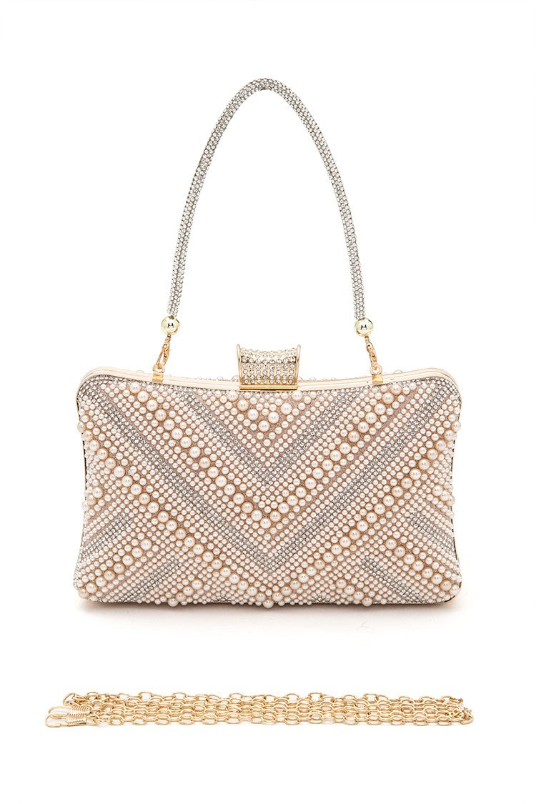 Silver Chevron Pearl Rhinestone Convertible Box Clutchj
