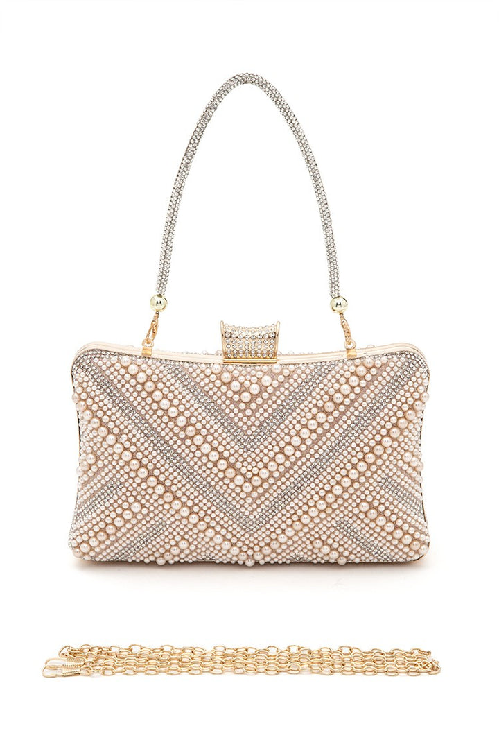 Silver Chevron Pearl Rhinestone Convertible Box Clutchj