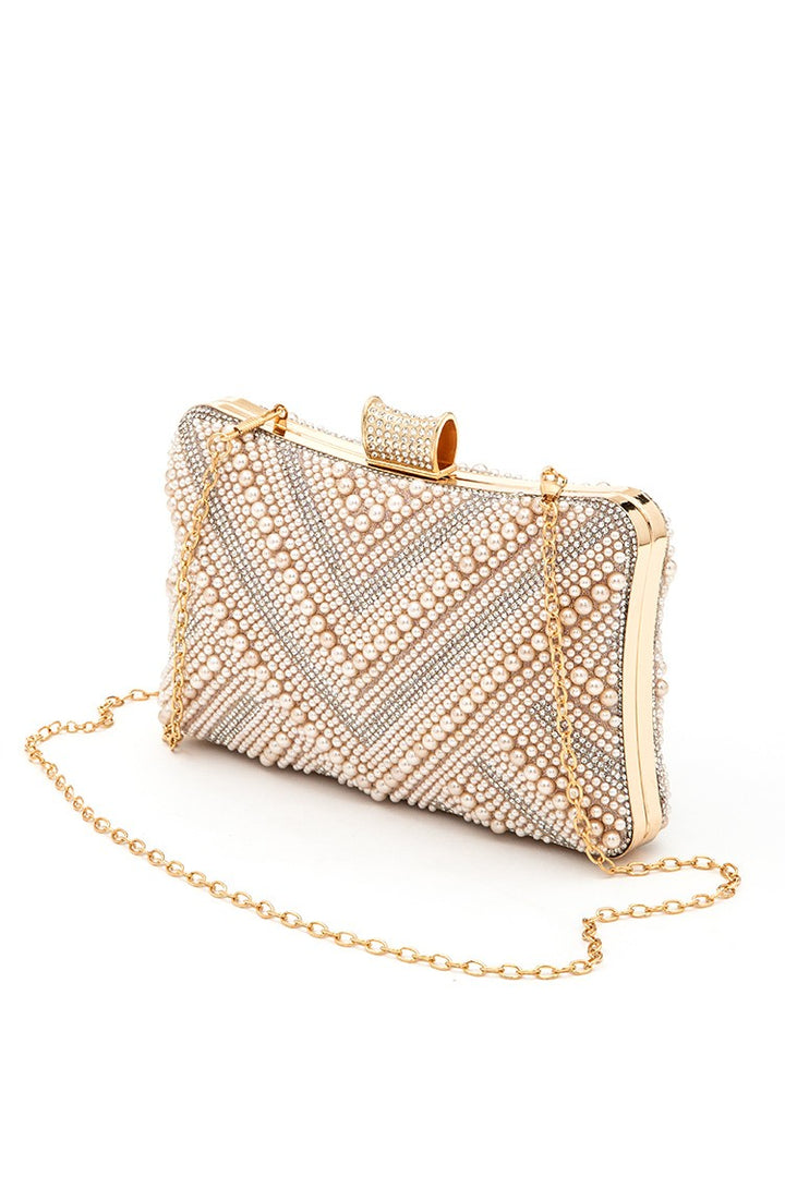 Chevron Pearl Rhinestone Convertible Box Clutchj