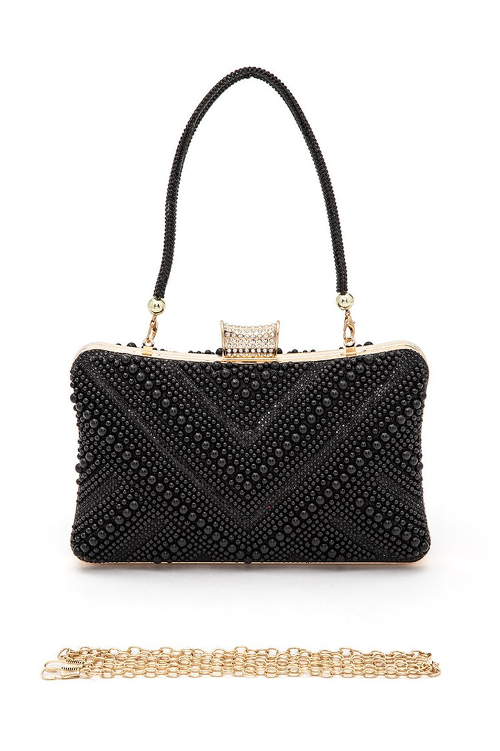 Champagne Chevron Pearl Rhinestone Convertible Box Clutchj