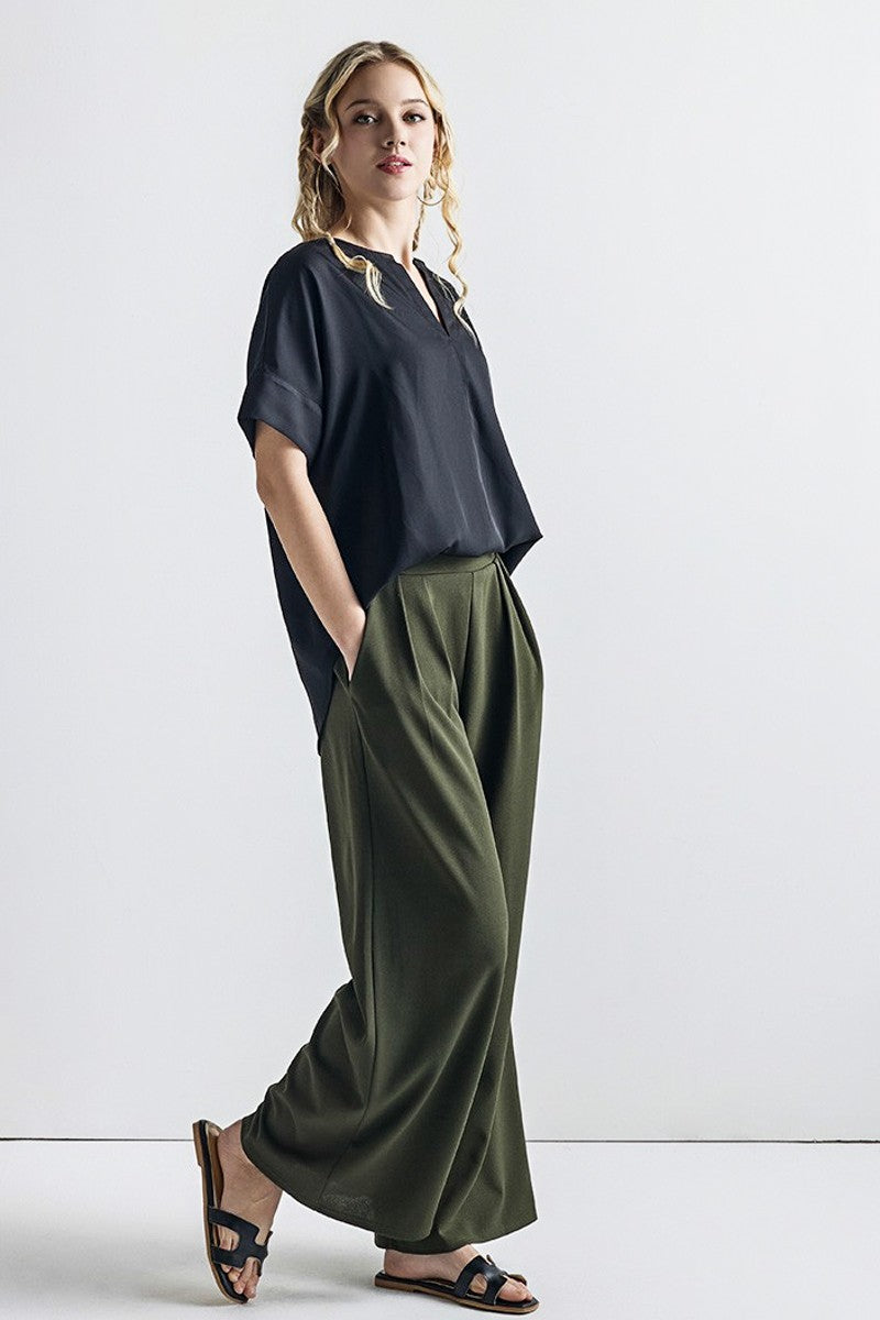 Dk.Cinnamon Stretch Crepe High Waist Tuck Wide Leg Pants