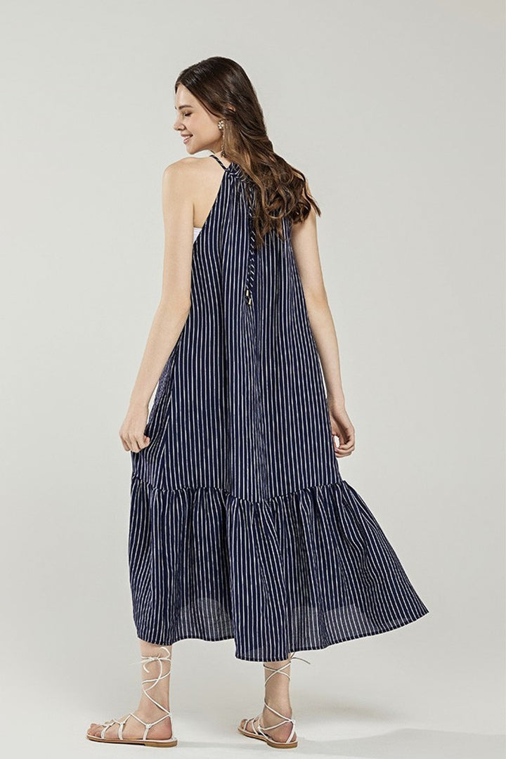 Black/White Plus Stripe High Ruffle Neckline Tiered Maxi Dress