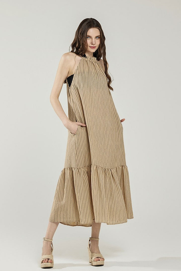 Plus Stripe High Ruffle Neckline Tiered Maxi Dress