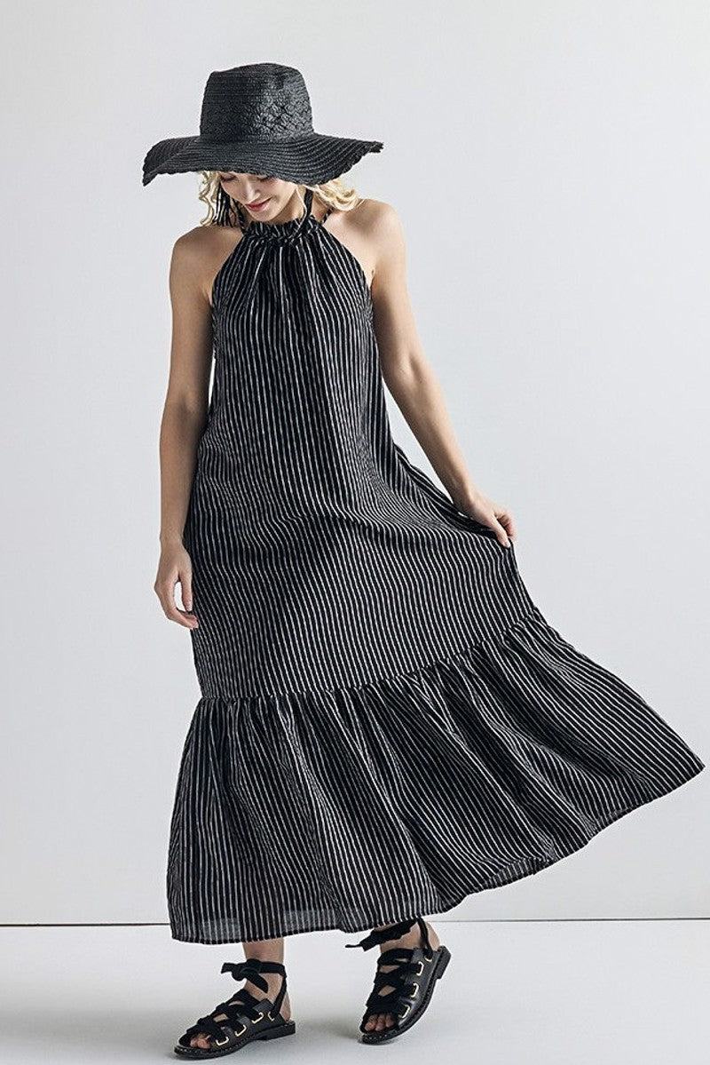 Plus Stripe High Ruffle Neckline Tiered Maxi Dress