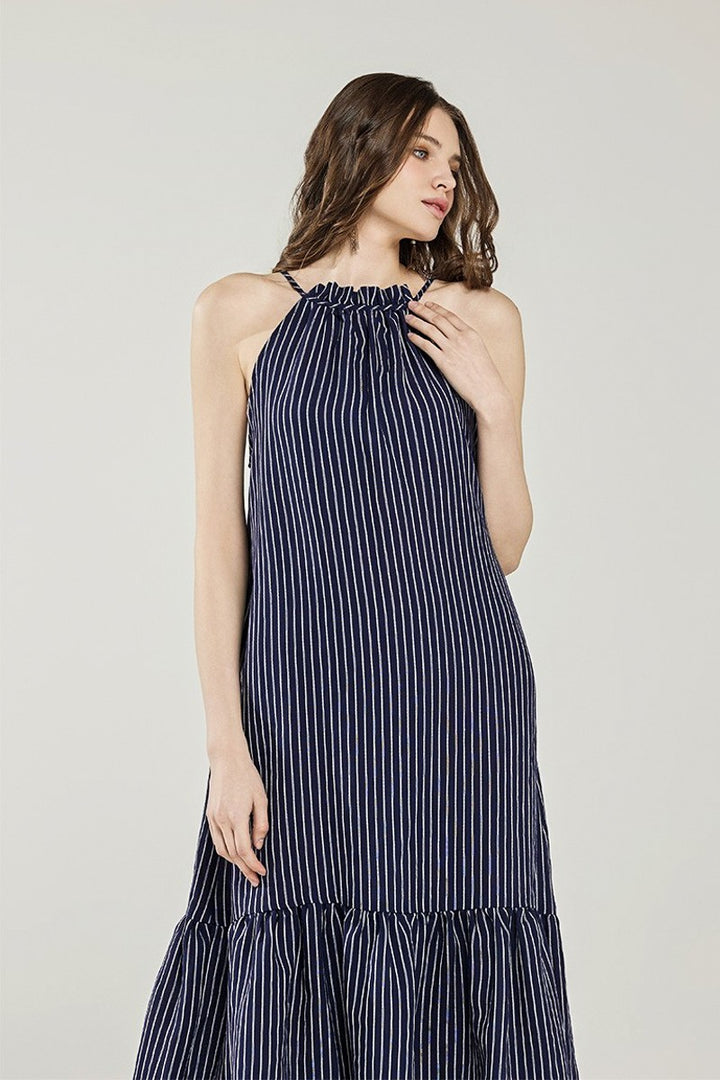 Taupe/Black Plus Stripe High Ruffle Neckline Tiered Maxi Dress