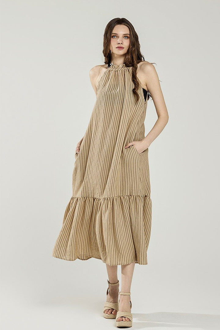 Plus Stripe High Ruffle Neckline Tiered Maxi Dress