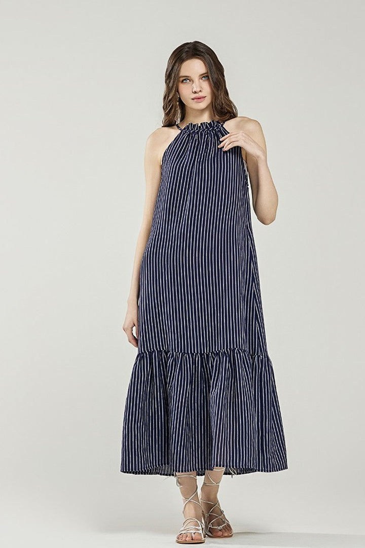 Taupe/Black Plus Stripe High Ruffle Neckline Tiered Maxi Dress
