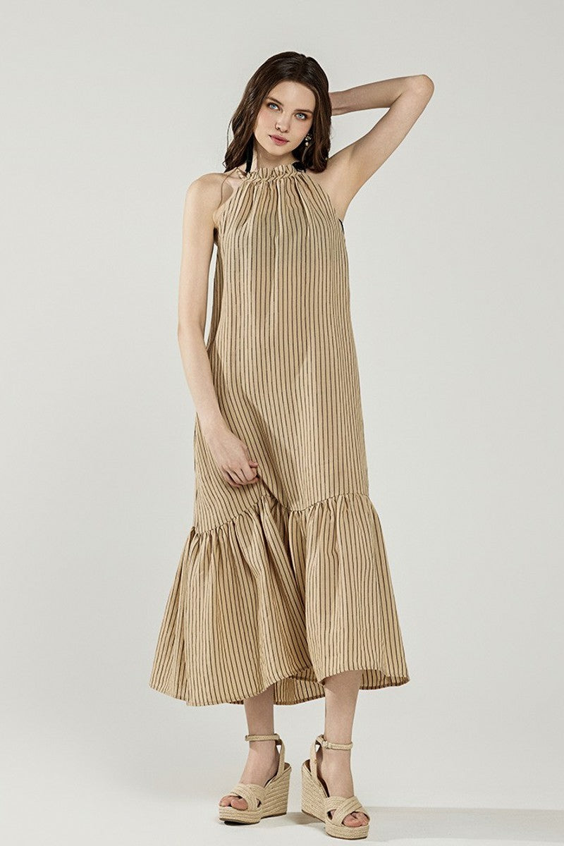 Plus Stripe High Ruffle Neckline Tiered Maxi Dress