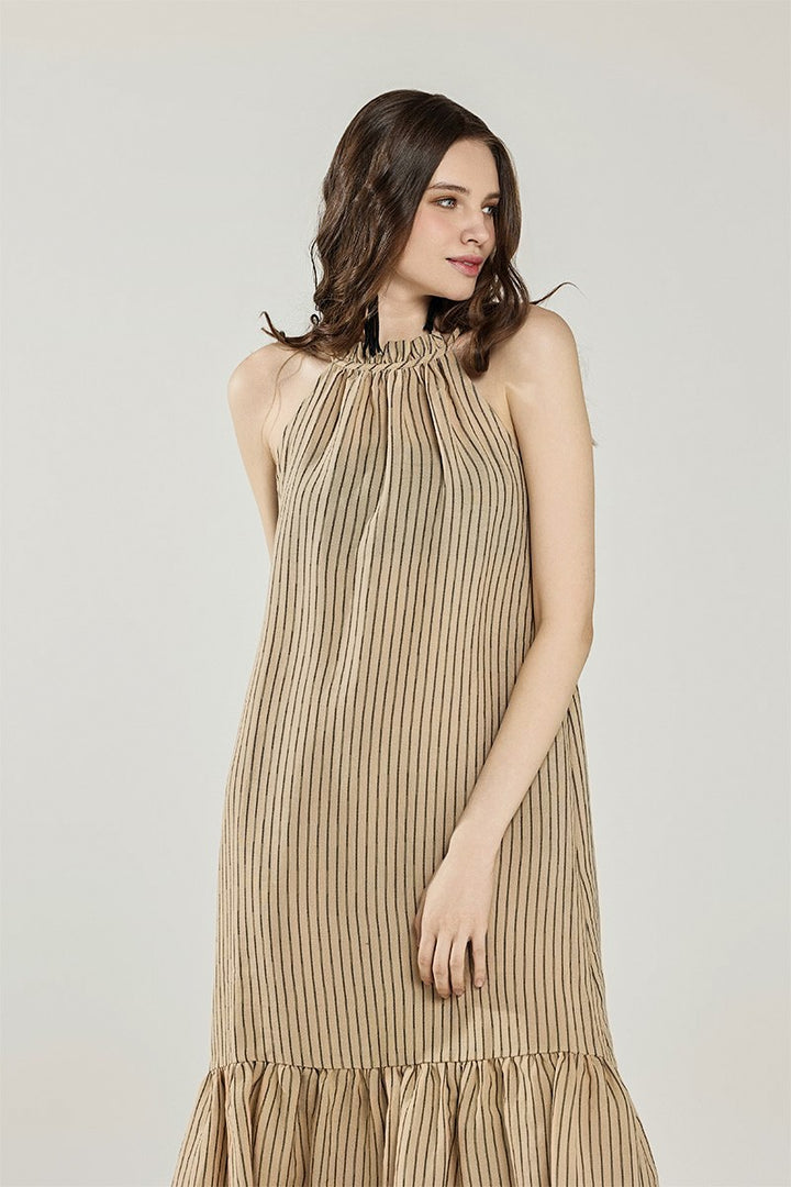 Black/White Plus Stripe High Ruffle Neckline Tiered Maxi Dress