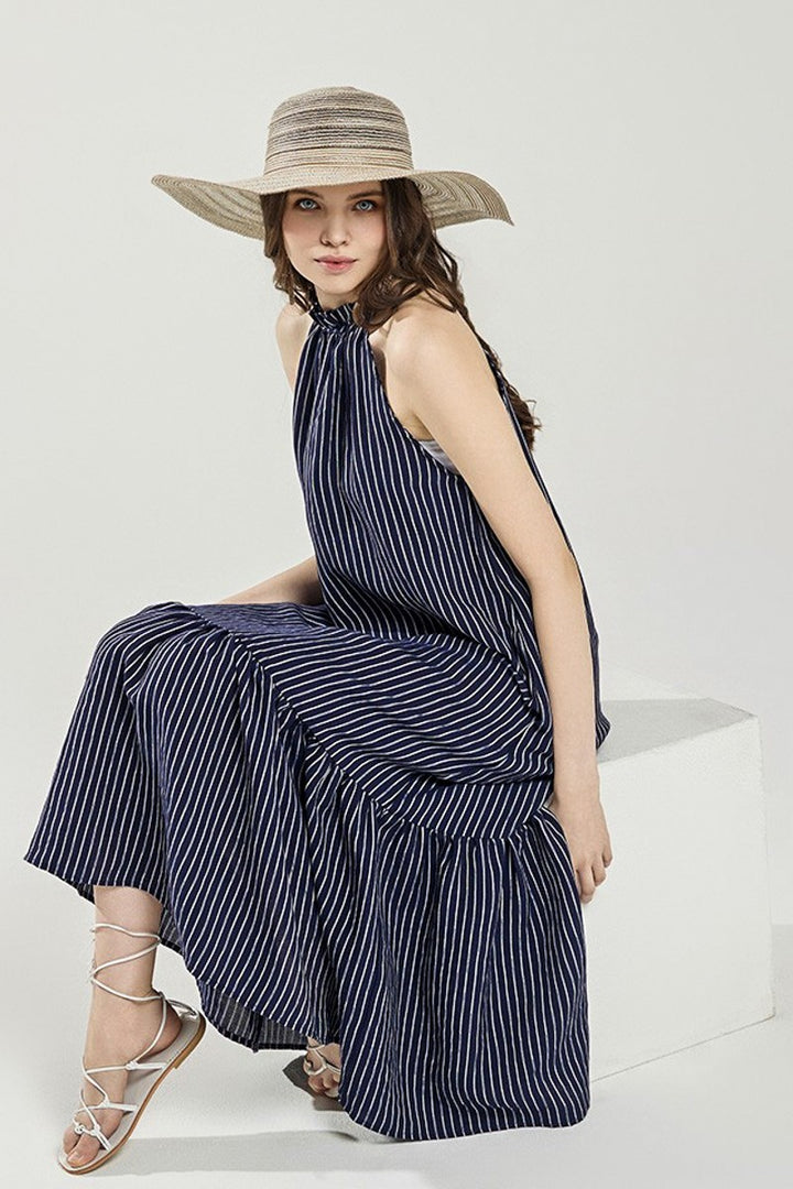 Navy/White Plus Stripe High Ruffle Neckline Tiered Maxi Dress