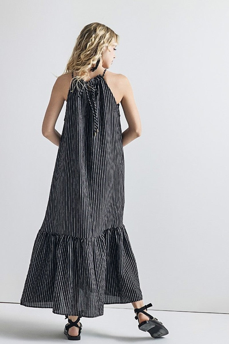 Plus Stripe High Ruffle Neckline Tiered Maxi Dress