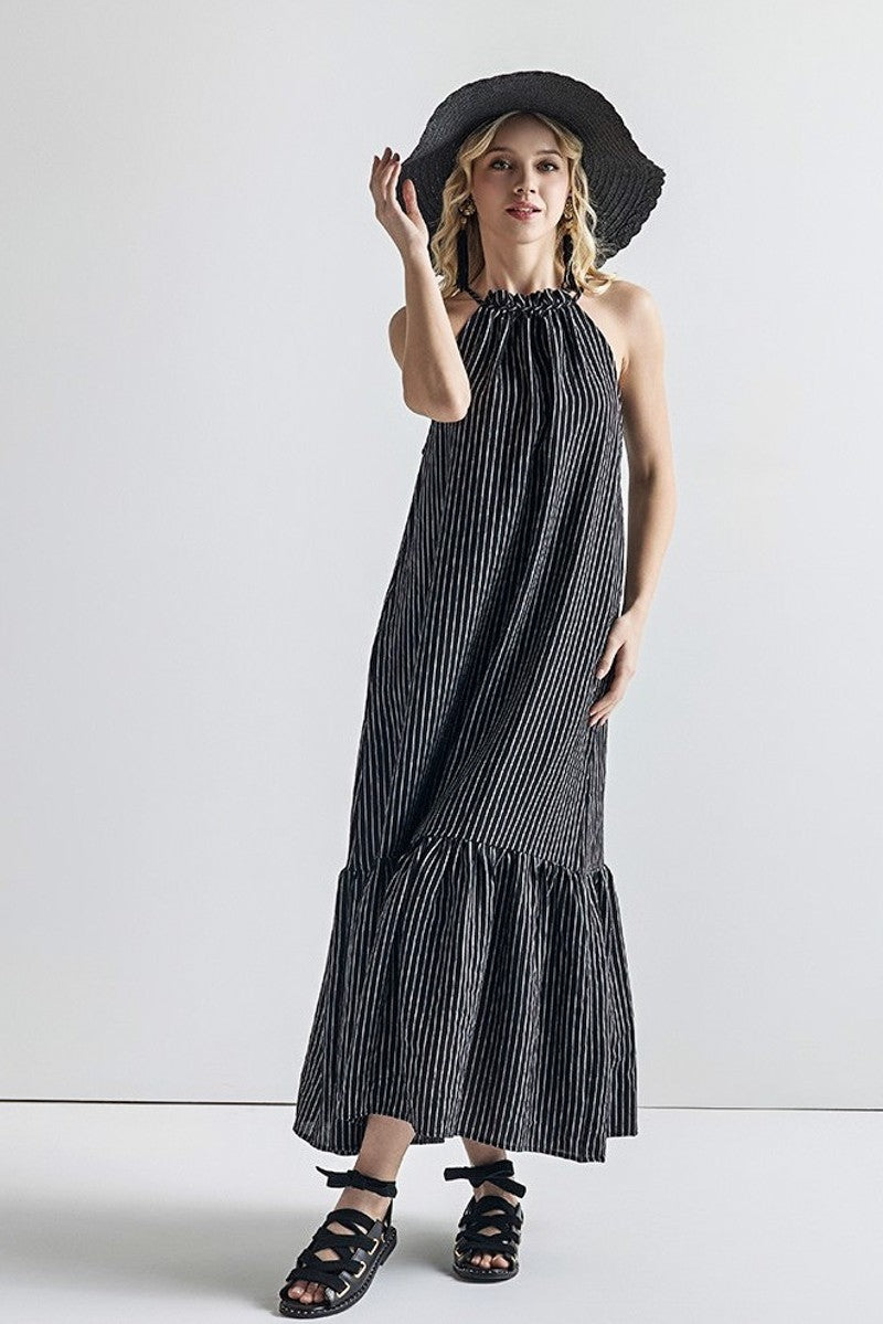 Plus Stripe High Ruffle Neckline Tiered Maxi Dress