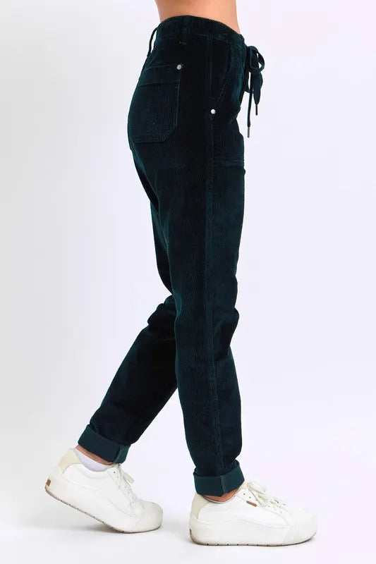 Emrld Judy Blue Full Size High Waist Corduroy Cuffed Jogger Plus Size