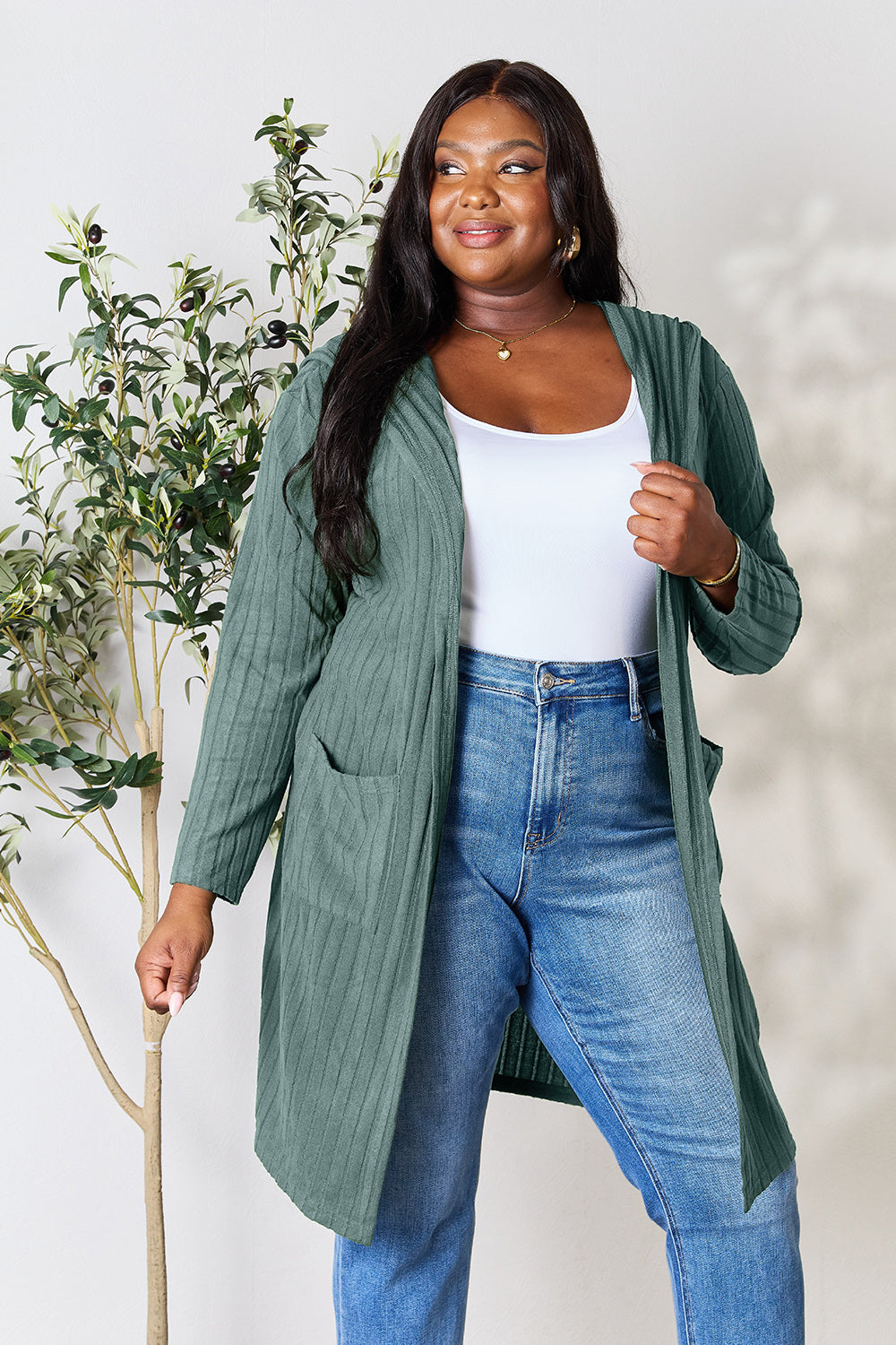 Teal Basic Bae Full Size Hooded Sweater Cardigan