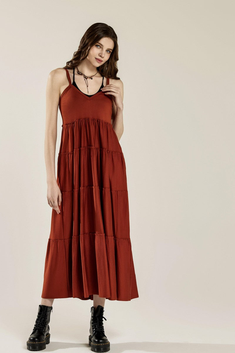 Chocolate Flowy Knit V Neck Ruffle Tiers Knit Maxi Dress