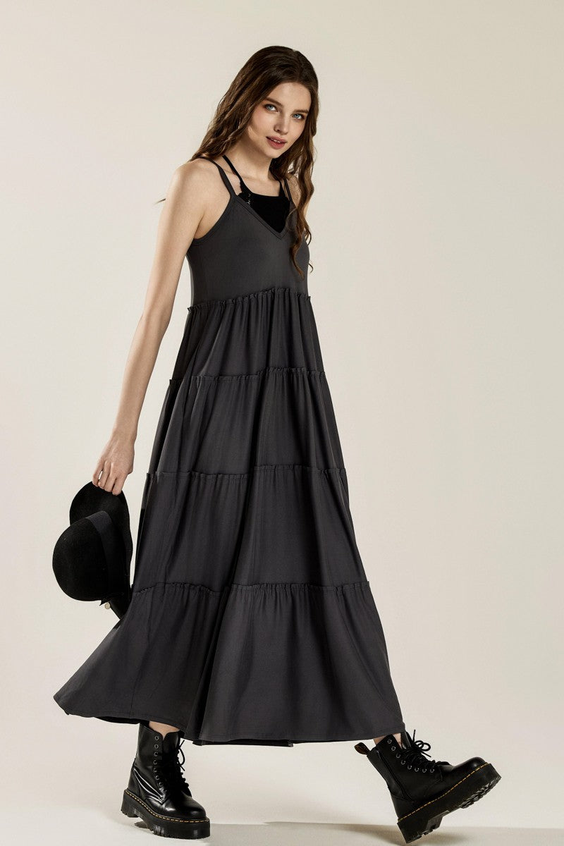 Black Flowy Knit V Neck Ruffle Tiers Knit Maxi Dress