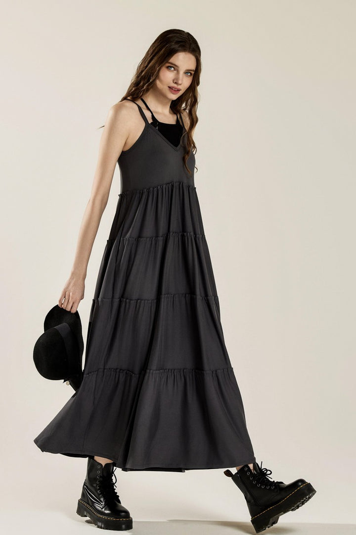 Black Flowy Knit V Neck Ruffle Tiers Knit Maxi Dress