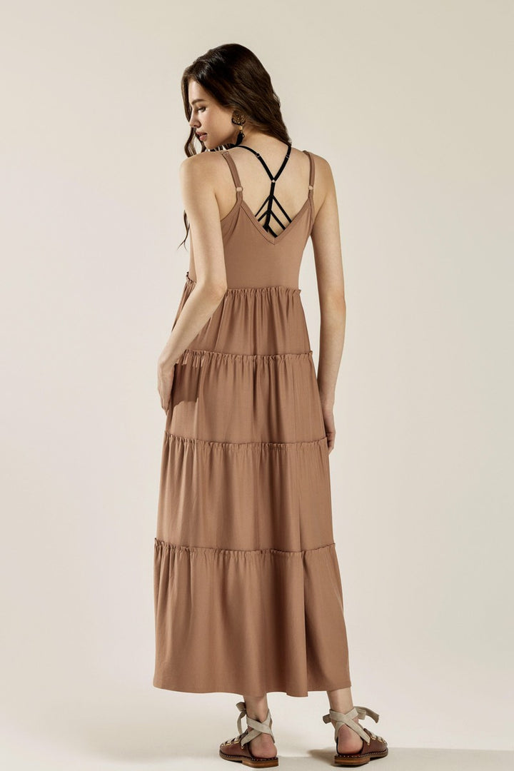 Black Flowy Knit V Neck Ruffle Tiers Knit Maxi Dress