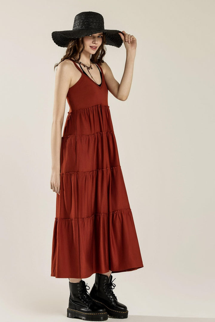 Mocha Flowy Knit V Neck Ruffle Tiers Knit Maxi Dress