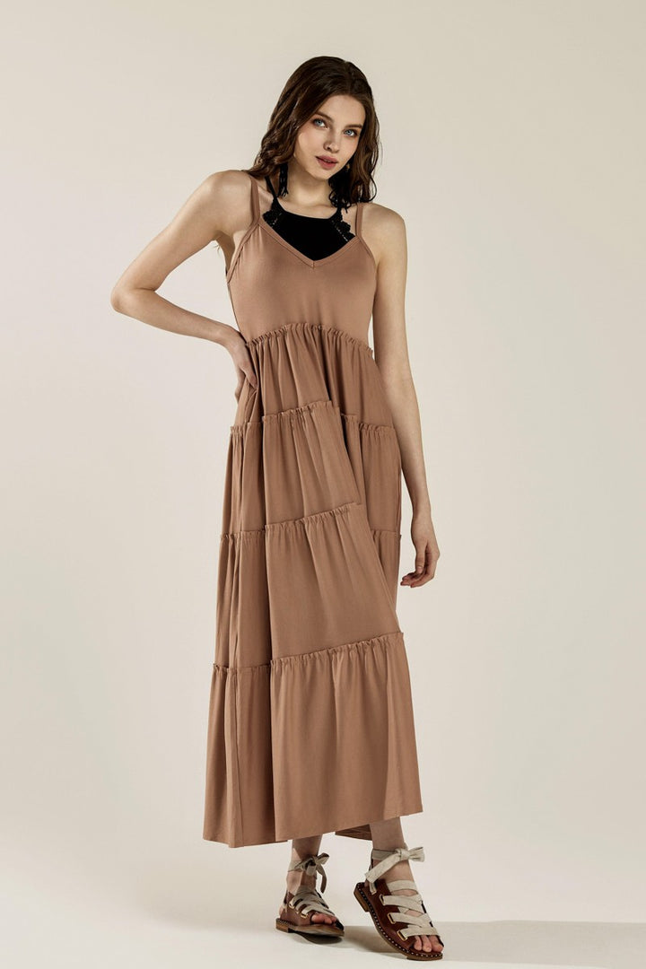 Black Flowy Knit V Neck Ruffle Tiers Knit Maxi Dress
