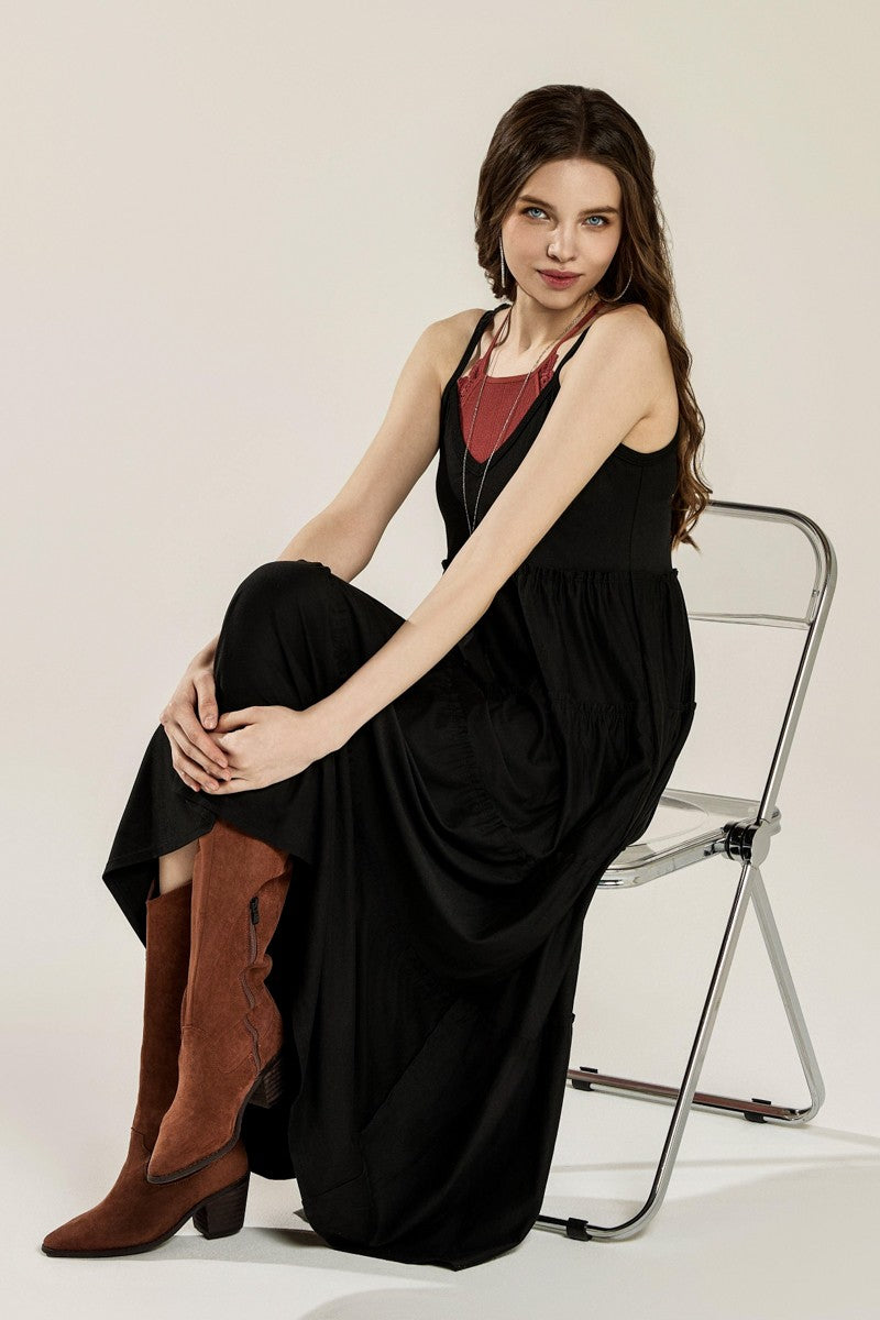 Chocolate Flowy Knit V Neck Ruffle Tiers Knit Maxi Dress