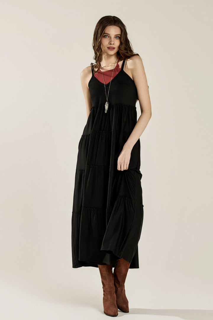 Chocolate Flowy Knit V Neck Ruffle Tiers Knit Maxi Dress